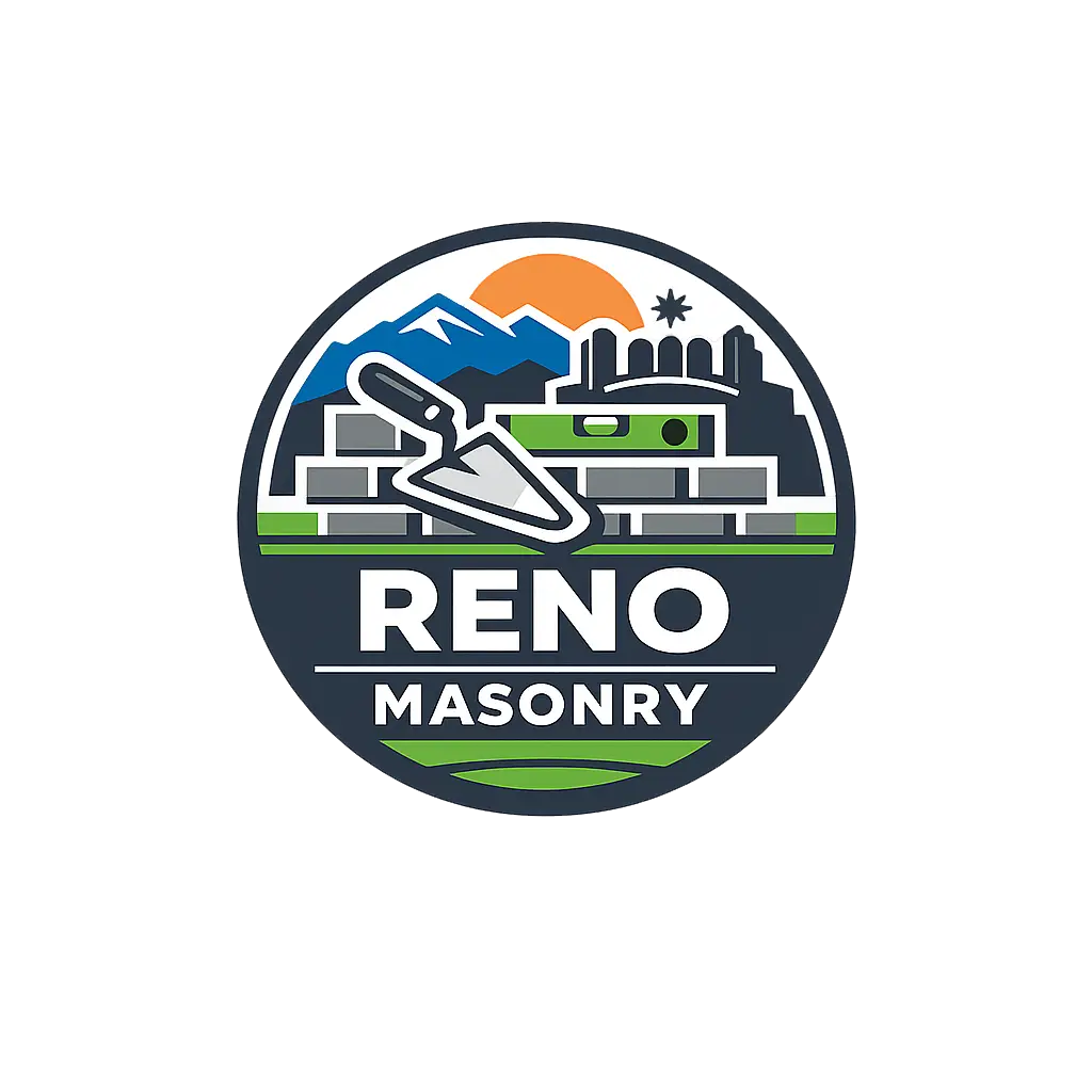 Reno Masonry logo featuring brickwork, masonry tools, mountain landscape, and contractor branding in Reno, NV.